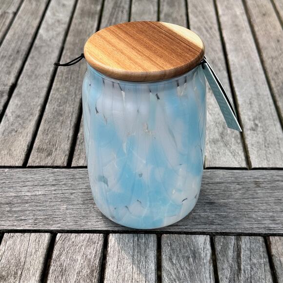 Murano Light Pastel Blue Confetti Glass Jar with Acacia Lid BPA Free Storage New - Picture 4 of 12